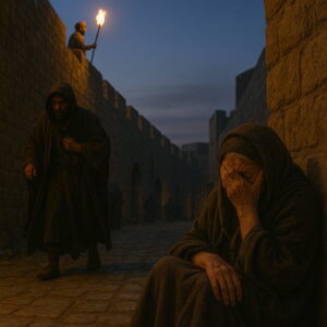 Night Watch and Hidden Sorrows - Holy Bible | Evangelium Of Grace An elderly woman weeps beside an ancient city wall at dusk while a hooded man approaches and a guard with a torch patrols above.