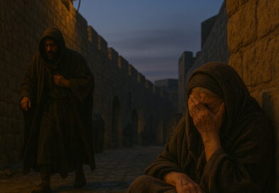 An elderly woman weeps beside an ancient city wall at dusk while a hooded man approaches and a guard with a torch patrols above.