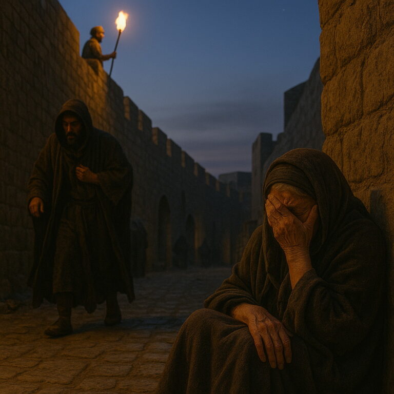 An elderly woman weeps beside an ancient city wall at dusk while a hooded man approaches and a guard with a torch patrols above.