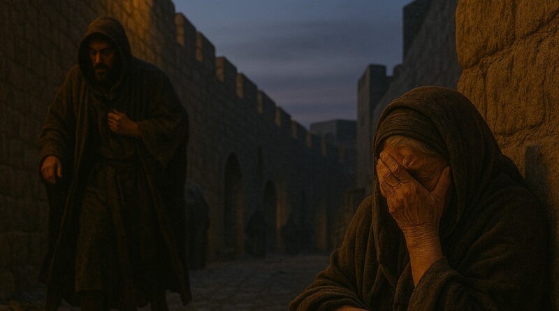 An elderly woman weeps beside an ancient city wall at dusk while a hooded man approaches and a guard with a torch patrols above.