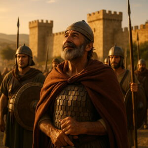 Ancient Israelite warriors stand before a fortified city at sunset, their leader looking upward in gratitude as golden light shines on them.