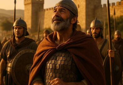Ancient Israelite warriors stand before a fortified city at sunset, their leader looking upward in gratitude as golden light shines on them.