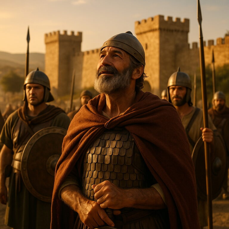 Ancient Israelite warriors stand before a fortified city at sunset, their leader looking upward in gratitude as golden light shines on them.