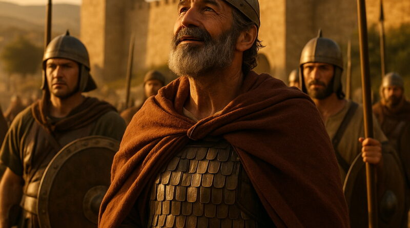 Ancient Israelite warriors stand before a fortified city at sunset, their leader looking upward in gratitude as golden light shines on them.