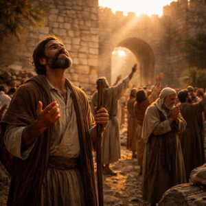 Israelites praising God near Jerusalem gates reflecting Psalm 118
