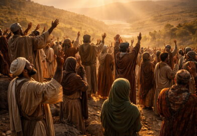 People from many nations praising God in ancient setting reflecting Psalm 117