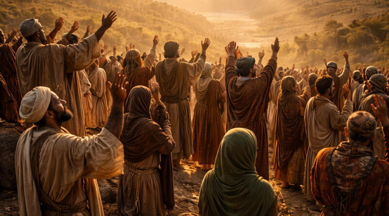 People from many nations praising God in ancient setting reflecting Psalm 117