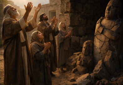 Israelites praying to the living God with broken idols nearby reflecting Psalm 115
