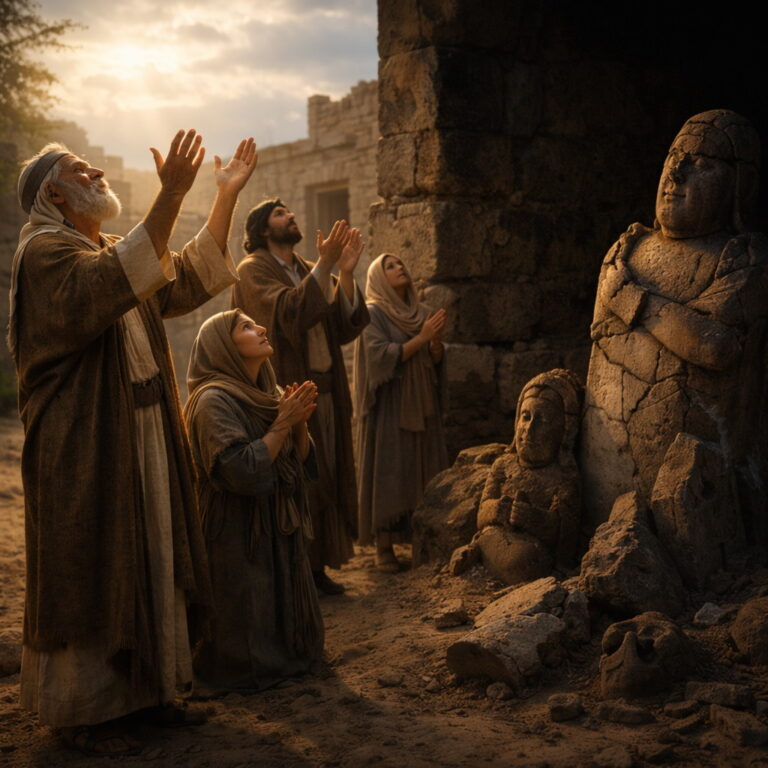 Trust in the Living God - Holy Bible | Evangelium Of Grace Israelites praying to the living God with broken idols nearby reflecting Psalm 115