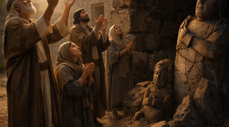 Israelites praying to the living God with broken idols nearby reflecting Psalm 115