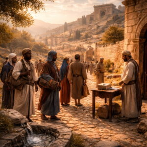 Travelers from many nations arrive at ancient Jerusalem’s gate as a scribe records them, reflecting Psalm 87’s theme of Zion and God counting citizens by grace