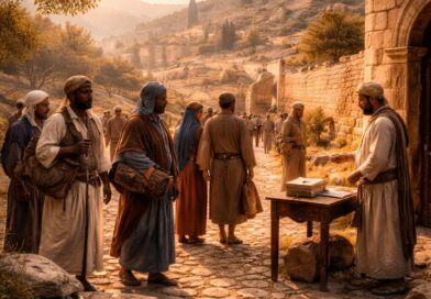 Travelers from many nations arrive at ancient Jerusalem’s gate as a scribe records them, reflecting Psalm 87’s theme of Zion and God counting citizens by grace