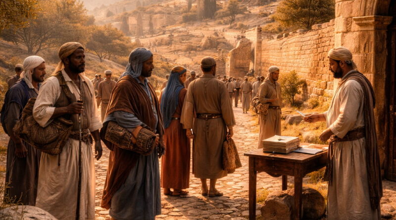 Travelers from many nations arrive at ancient Jerusalem’s gate as a scribe records them, reflecting Psalm 87’s theme of Zion and God counting citizens by grace