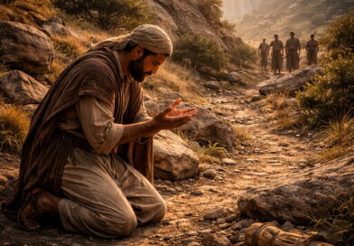 A humble ancient Israelite kneels in prayer on a Judean hillside as distant enemies watch, reflecting Psalm 86’s plea for mercy, guidance, and an undivided heart