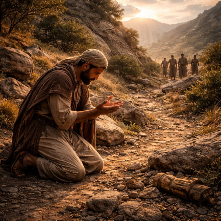 A humble ancient Israelite kneels in prayer on a Judean hillside as distant enemies watch, reflecting Psalm 86’s plea for mercy, guidance, and an undivided heart
