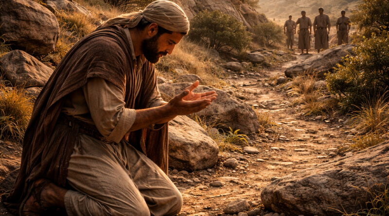 A humble ancient Israelite kneels in prayer on a Judean hillside as distant enemies watch, reflecting Psalm 86’s plea for mercy, guidance, and an undivided heart