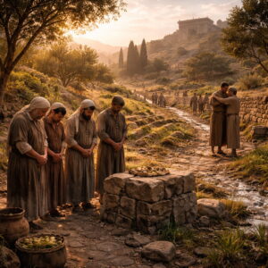 Ancient Israelites praying in a restored Judean village at dawn as green shoots rise from the soil, reflecting Psalm 85’s theme of forgiveness, revival, and peace