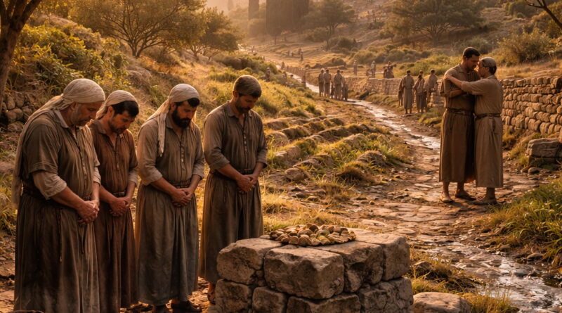 Ancient Israelites praying in a restored Judean village at dawn as green shoots rise from the soil, reflecting Psalm 85’s theme of forgiveness, revival, and peace