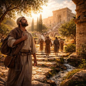 Pilgrims approaching Jerusalem’s temple courts at sunrise with birds nesting nearby, reflecting Psalm 84’s longing for God’s presence and the blessing of worship