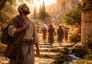 Pilgrims approaching Jerusalem’s temple courts at sunrise with birds nesting nearby, reflecting Psalm 84’s longing for God’s presence and the blessing of worship