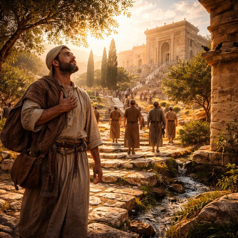 Pilgrims approaching Jerusalem’s temple courts at sunrise with birds nesting nearby, reflecting Psalm 84’s longing for God’s presence and the blessing of worship