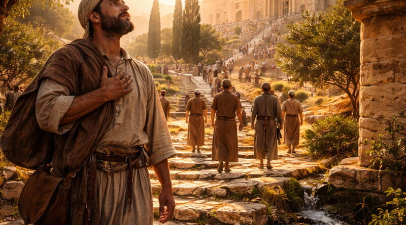 Pilgrims approaching Jerusalem’s temple courts at sunrise with birds nesting nearby, reflecting Psalm 84’s longing for God’s presence and the blessing of worship