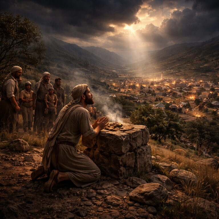 A Levite-like man prays beside a stone altar on a Judean hillside as many enemy camps gather in the valley, reflecting Psalm 83’s plea for God’s intervention