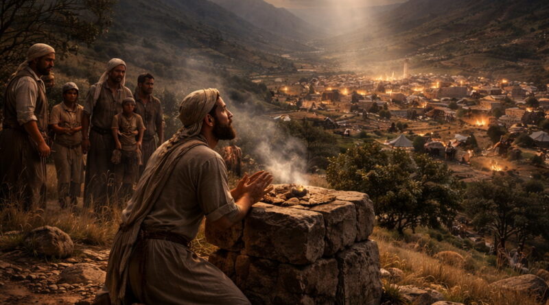 A Levite-like man prays beside a stone altar on a Judean hillside as many enemy camps gather in the valley, reflecting Psalm 83’s plea for God’s intervention