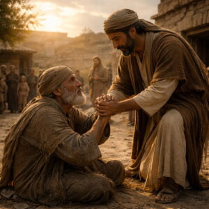 Poor man being lifted from the ground in ancient Israel reflecting Psalm 113