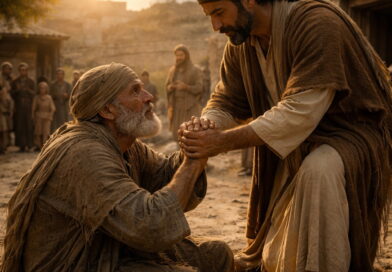 Poor man being lifted from the ground in ancient Israel reflecting Psalm 113