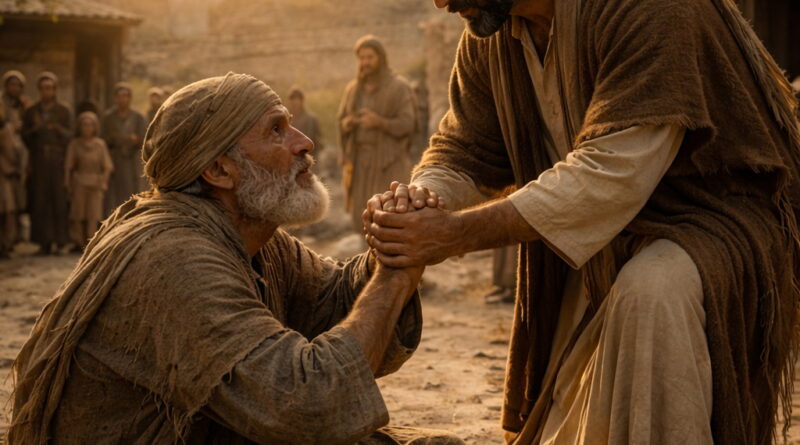 Poor man being lifted from the ground in ancient Israel reflecting Psalm 113