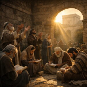 People worshiping and studying God’s works in ancient Jerusalem reflecting Psalm 111