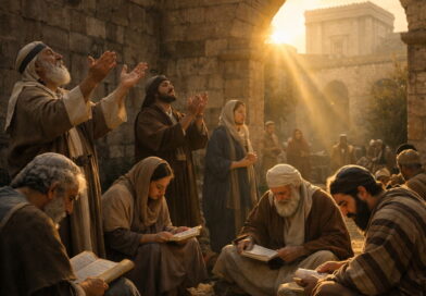 People worshiping and studying God’s works in ancient Jerusalem reflecting Psalm 111