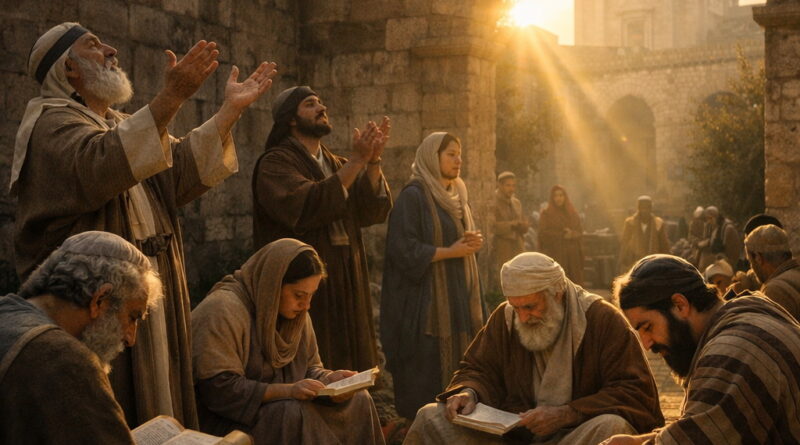 People worshiping and studying God’s works in ancient Jerusalem reflecting Psalm 111