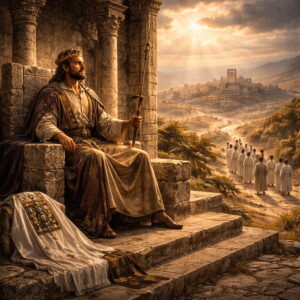 Davidic-era king seated on a stone throne with priestly garments nearby and willing people approaching, reflecting Psalm 110’s King-Priest rule by God’s decree.