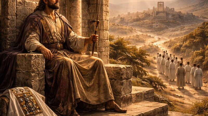 Davidic-era king seated on a stone throne with priestly garments nearby and willing people approaching, reflecting Psalm 110’s King-Priest rule by God’s decree.
