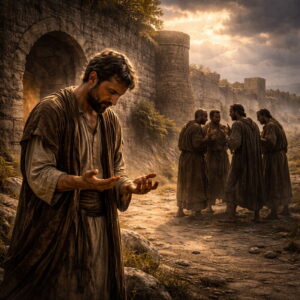 Poor man praying near an ancient city gate while accusers whisper in the shadows, reflecting Psalm 109’s cry for God’s justice against slander.