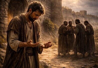 Poor man praying near an ancient city gate while accusers whisper in the shadows, reflecting Psalm 109’s cry for God’s justice against slander.