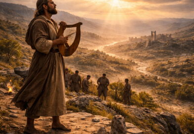 Psalmist at dawn with a harp on a rocky ridge overlooking a distant fortified city, expressing Psalm 108’s steadfast praise and trust in God for deliverance.