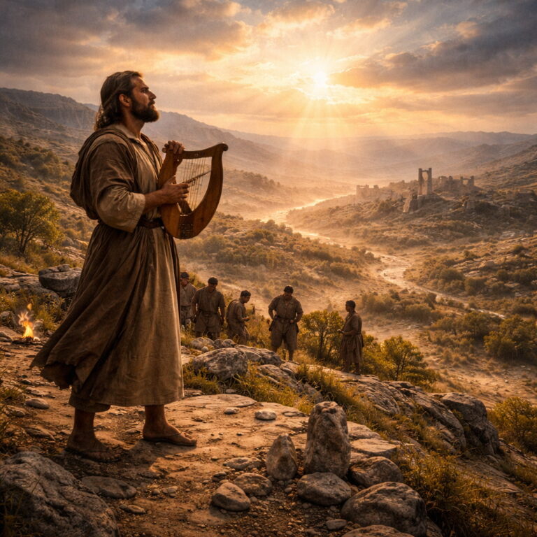 Psalmist at dawn with a harp on a rocky ridge overlooking a distant fortified city, expressing Psalm 108’s steadfast praise and trust in God for deliverance.