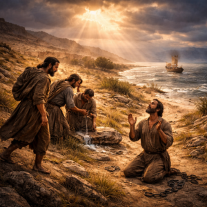 Biblical-era scene showing God’s deliverance of the lost, the bound, the sick, and the storm-tossed, reflecting Psalm 107’s call to thank the LORD.