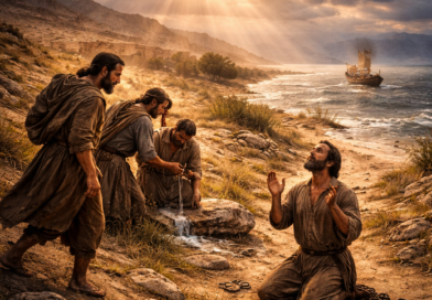 Biblical-era scene showing God’s deliverance of the lost, the bound, the sick, and the storm-tossed, reflecting Psalm 107’s call to thank the LORD.