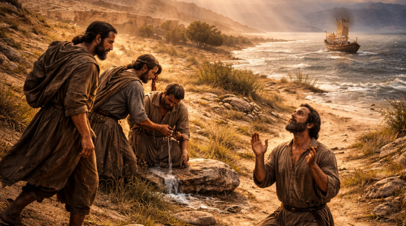 Biblical-era scene showing God’s deliverance of the lost, the bound, the sick, and the storm-tossed, reflecting Psalm 107’s call to thank the LORD.