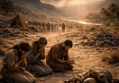 Israelites kneeling in repentance in the wilderness beside broken idols, with light breaking through clouds toward an oasis, reflecting Psalm 106’s confession and mercy.