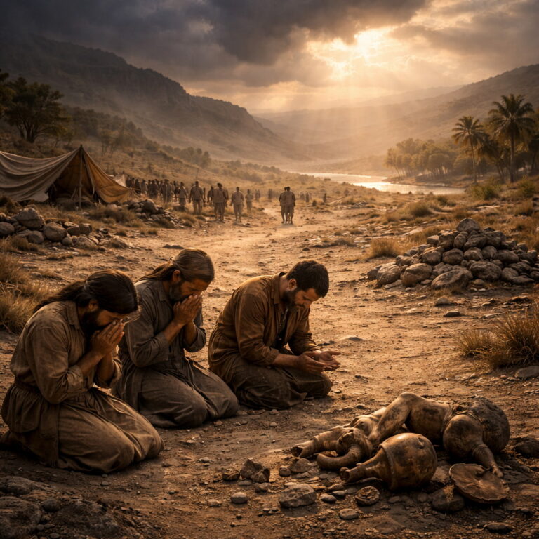 Psalm 106 — Repentance and Covenant Mercy - Holy Bible | Evangelium Of Grace Israelites kneeling in repentance in the wilderness beside broken idols, with light breaking through clouds toward an oasis, reflecting Psalm 106’s confession and mercy.