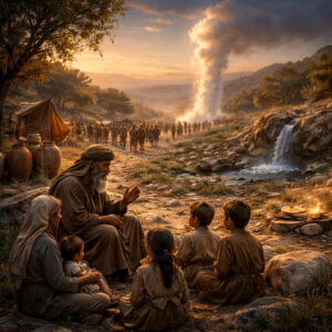 Psalm 105 — Covenant Faithfulness Remembered - Holy Bible | Evangelium Of Grace Hebrew family teaching children as Israelites journey under a pillar of cloud with signs of provision, reflecting Psalm 105’s call to remember God’s covenant faithfulness.