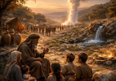 Hebrew family teaching children as Israelites journey under a pillar of cloud with signs of provision, reflecting Psalm 105’s call to remember God’s covenant faithfulness.