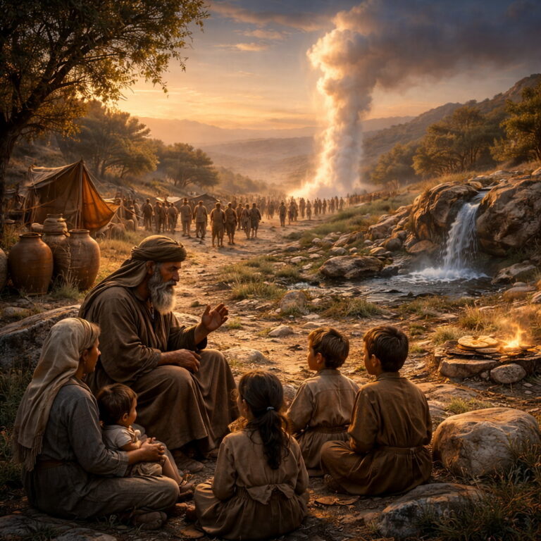 Psalm 105 — Covenant Faithfulness Remembered - Holy Bible | Evangelium Of Grace Hebrew family teaching children as Israelites journey under a pillar of cloud with signs of provision, reflecting Psalm 105’s call to remember God’s covenant faithfulness.