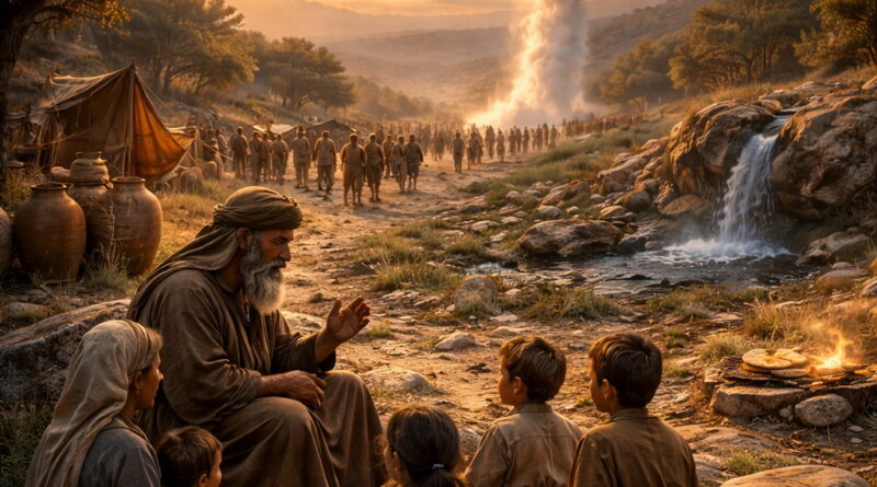 Hebrew family teaching children as Israelites journey under a pillar of cloud with signs of provision, reflecting Psalm 105’s call to remember God’s covenant faithfulness.