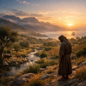 Psalm 104 — The Creator Sustains All - Holy Bible | Evangelium Of Grace Shepherd overlooking a life-filled biblical landscape of mountains, waters, animals, and fields, reflecting Psalm 104’s praise of God’s creation and provision.